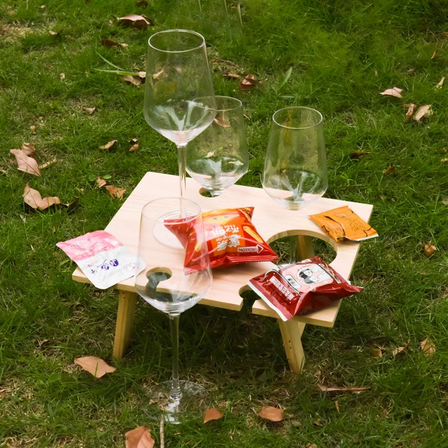 Portable Wooden Picnic Table Carry Handle Outdoor Folding Wine Table Removable Wine Glass Holder Folding Table Fruit Snack Tray 1 PC 34x30CM