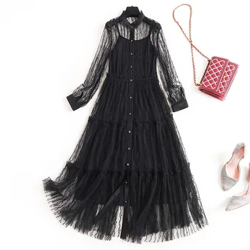 

Women vintage fashion gothic style black mesh dress new 2020 spring summer long sleeve single breasted shirtdresses