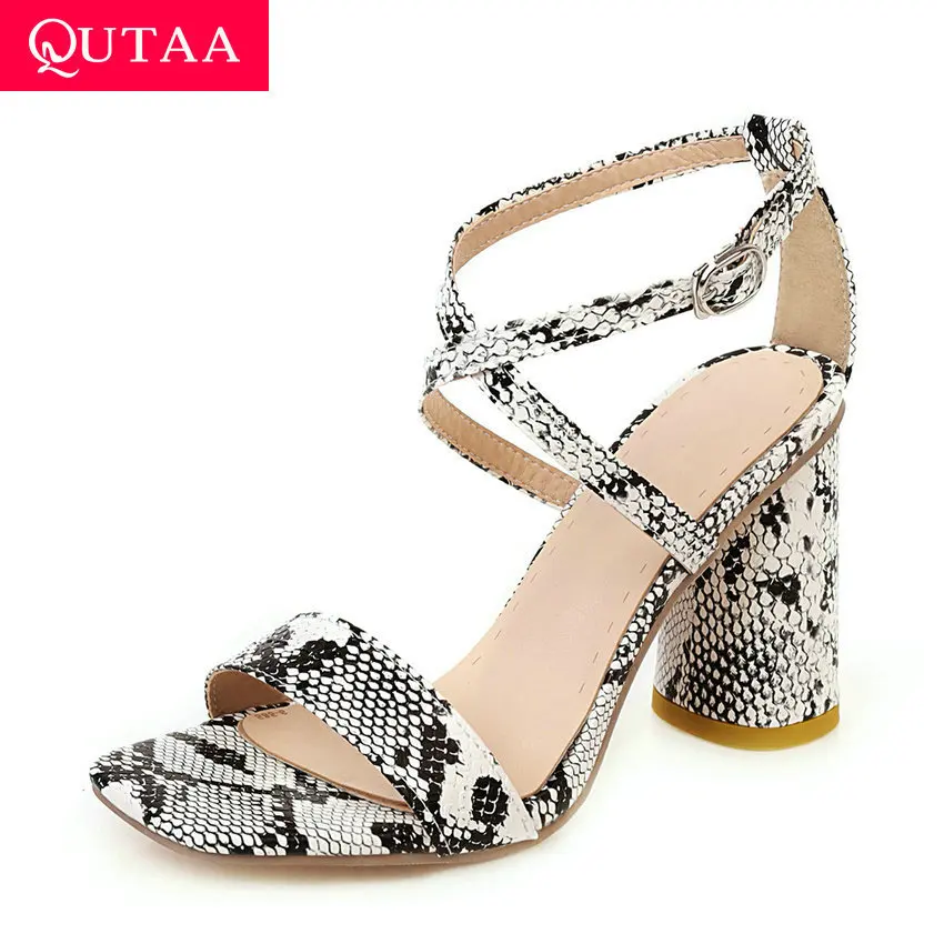 

QUTAA 2020 Sequins PU Leather Snakeskin Ladies Pumps Open-toed Fashion Sandals Square High Heel Buckle Women Shoes Size 34-43