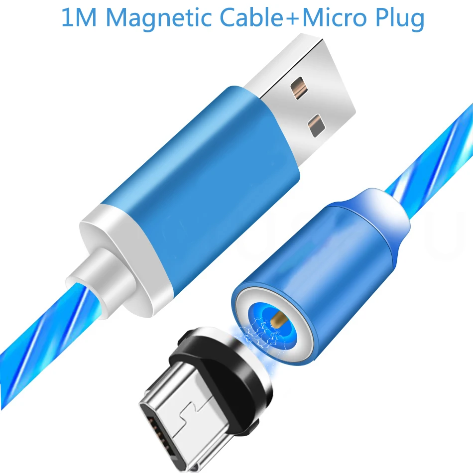 Магнитный кабель, светящийся, Тип C, Micro usb кабель для зарядки iPhone 7 8 huawei P20 P30 mate 20 Honor 7A 7C 7S 8X 8A кабель - Цвет: Micro Blue