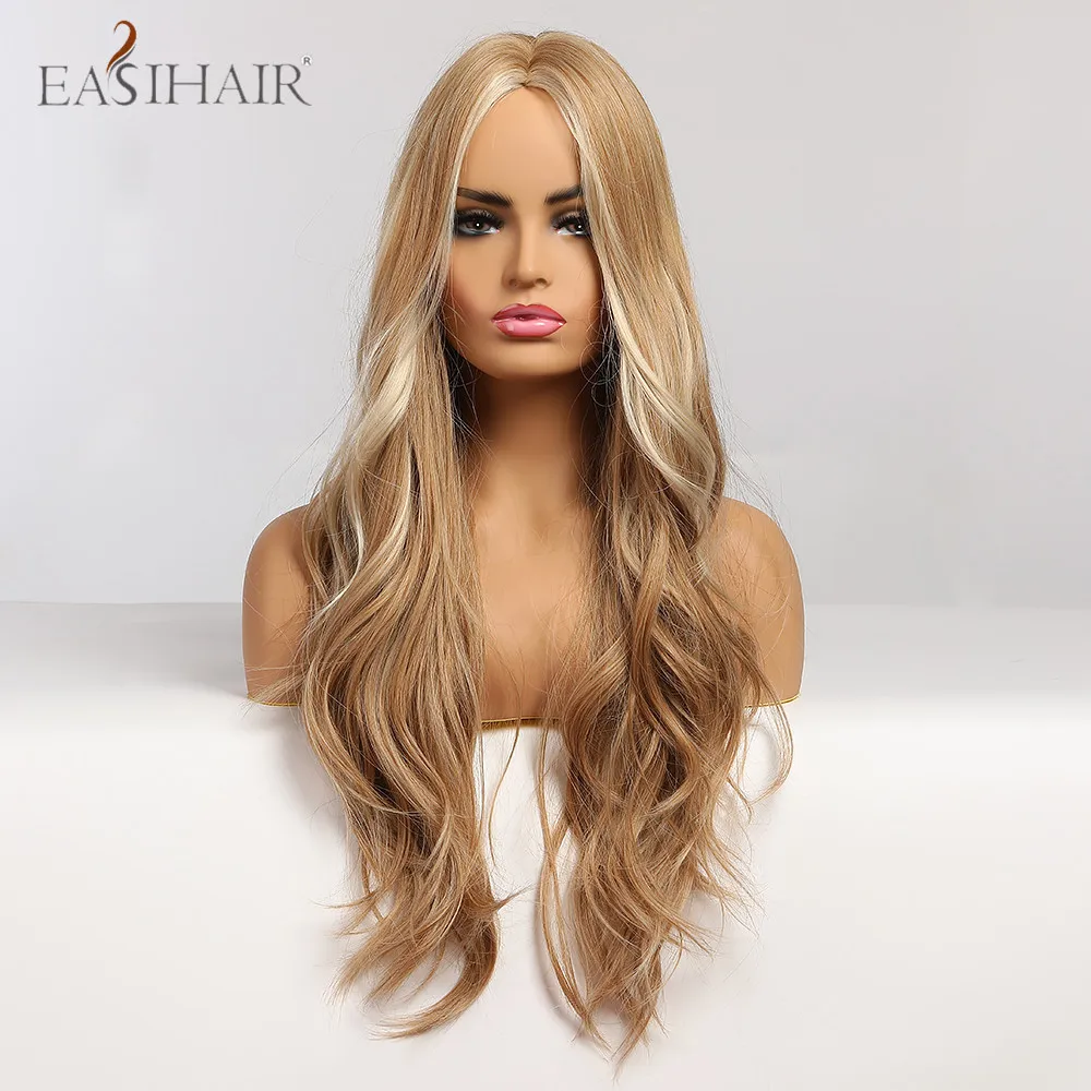 EASIHAIR Golden Highlight Blonde Parrucche sintetiche lunghe e ondulate con riga centrale Capelli naturali per donne Feste quotidiane Fibre resistenti al calore_voghion.com