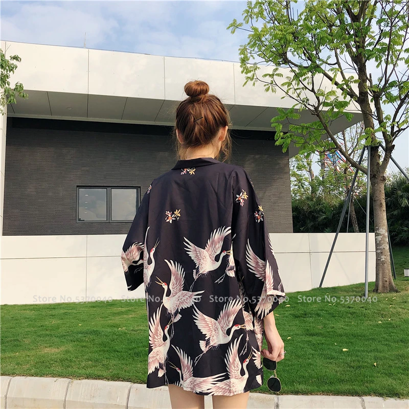 Японский модный стиль, азиатская одежда, кимоно Haori, халаты, традиционное летнее пальто юката, японский журавль, кардиган с принтом, уличная