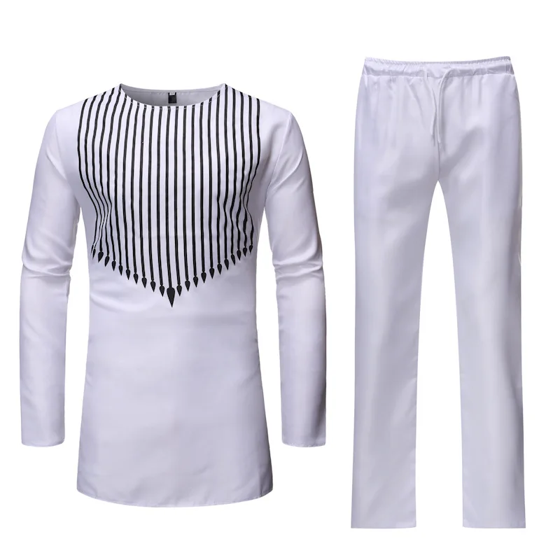 Белый полосатый Африканский Дашики печати топ брюки комплект из 2 предметов комплект одежды новая брендовая мужская одежда в африканском стиле уличная костюм в африканском стиле