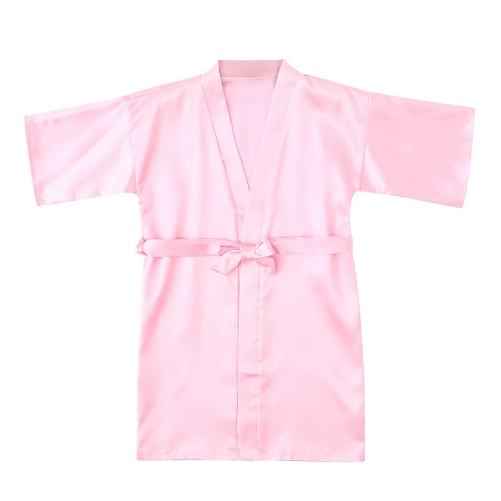 Toddler Baby Kids Girls Solid Silk Satin Kimono Robes Bathrobe Sleepwear Clothes 1PC Bathrobe+1PC Ribbons G1021