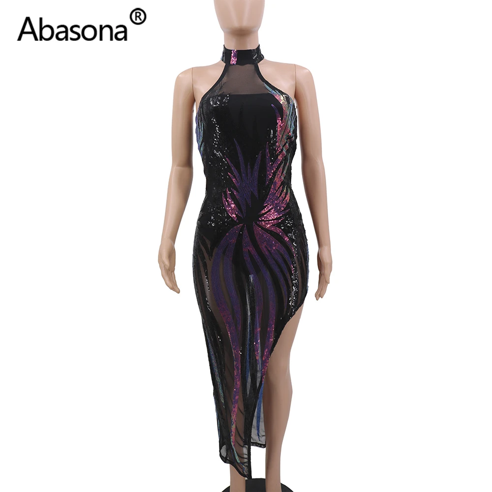 Abasona, весеннее, женское, летнее, без рукавов, с разрезом, сексуальное, облегающее, миди платье, из прозрачной сетки, обтягивающие, с блестками, платья для вечеринки, ночного клуба