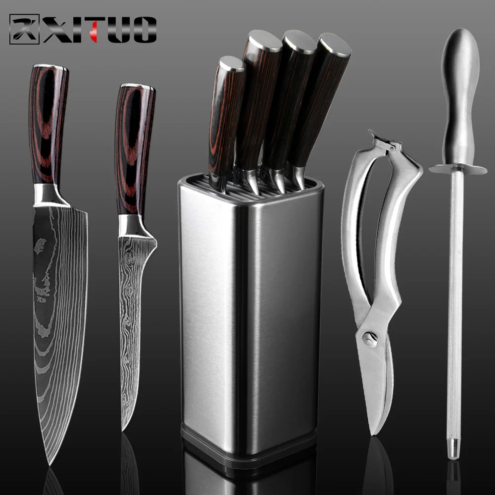 XITUO Stainless Steel Knife Holder Kitchen Set Knife Damascus Pattern Japanese Santoku Cleaver Boning Bread Paring Knife Tools