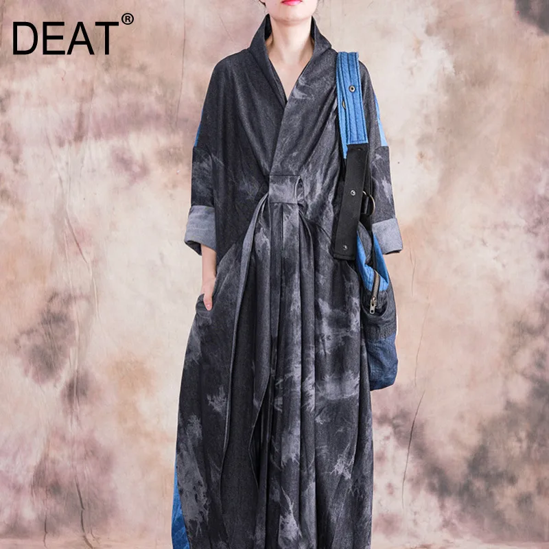

[DEAT] 2019 New Autumn Winter V-Neck Long Sleeve Hit Color Draped Bandage Loose Personality Long Dress Women Fashion Tide 13D697