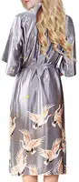 Gray satin Long Bathrobe Women Wedding Bride Bridesmaid Robe Nightgown Sleepwear Print Crane Kimono Size S M L XL XXL XXXL - Image 2