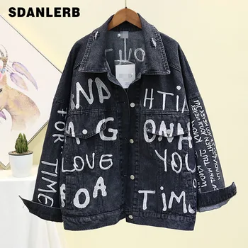 

New Korean Denim Jacket Woman Autumn Outwears Loose Large-size Embroidered Letters Holes Jeans Jacket Girls Hand studded Coat