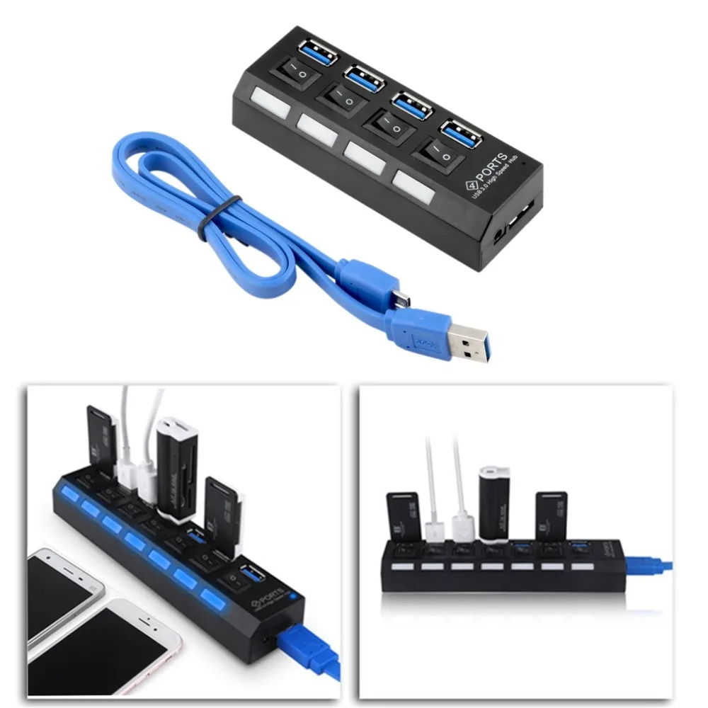 USB 3,0 концентратор 4 порта Супер скорость 5 Гбит/с 4-портовый USB 3,0 концентратор с переключателем ВКЛ/ВЫКЛ для Windows Mac OS Linux PC ноутбук черный