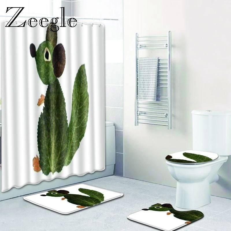 Zeegle Printed Animal Bath Mat Set Waterproof Shower Curtain Pedestal Rug Lid Toilet Cover Non-slip Toilet Foot Rug Floor Mat