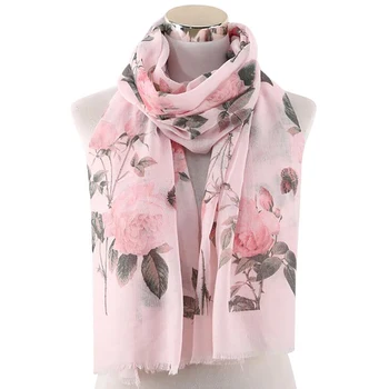 

2019 Fashion New Spring White Pink Mint Color Rose Flower Print Scarves Shawls Foulard Femme Floral Scarf Women