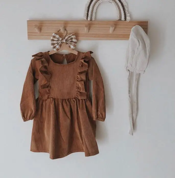 

2019 Hot Sale Girls Corduroy Ruffles Dress Autumn Fashion Brown Color Girls Princess ins Children Dresses 1-6 t