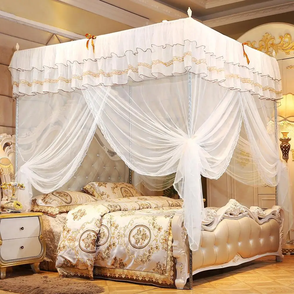 3 Side Openings Post Bed Curtain Four Corner Mosquito Net Mosquito Net Luxury Princess Bedroom Mosquito Netting Beige, 120200200 