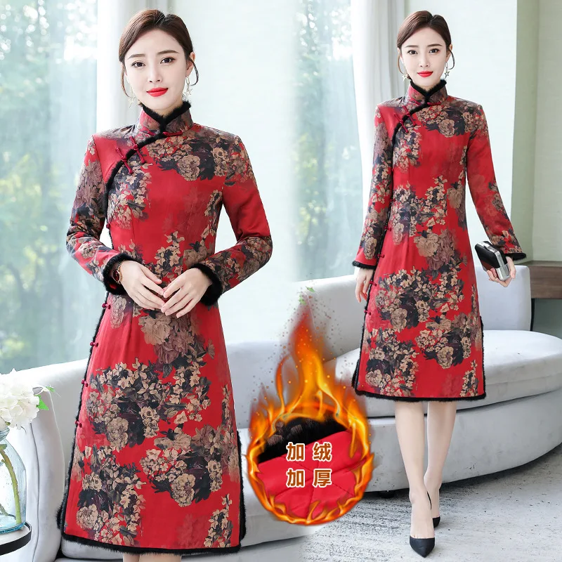 

2019 Chinese-style Improved Chinese Style Retro Mid-length Long Sleeve Thick Quilted Cheongsam Silk Dress Autumn And Winter