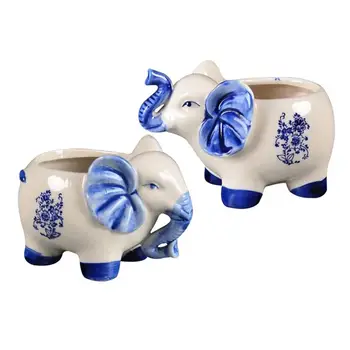 

2pcs Creative Blue Ceramic Elephants Plant Pot Retro Vintage Succulents Plant Pot for Home Office Workshop