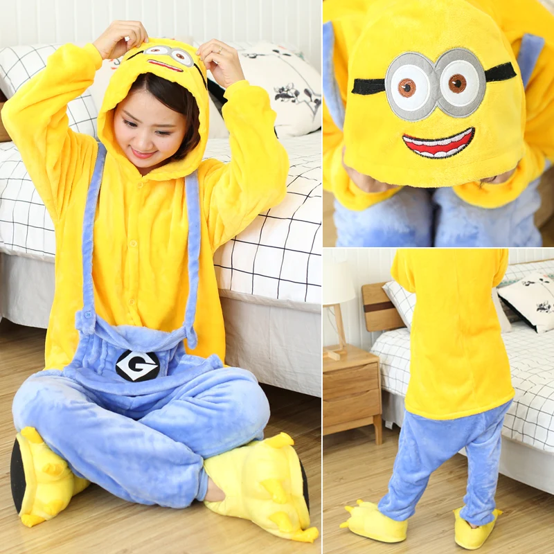 Minion FL BIKIRUB, пижамы для взрослых, Женская фланелевая одежда для сна, унисекс, кигуруми, милый единорог, стежок, Мультяшные животные, пижамный комплект, Детская Пижама с капюшоном - Цвет: Minion FL