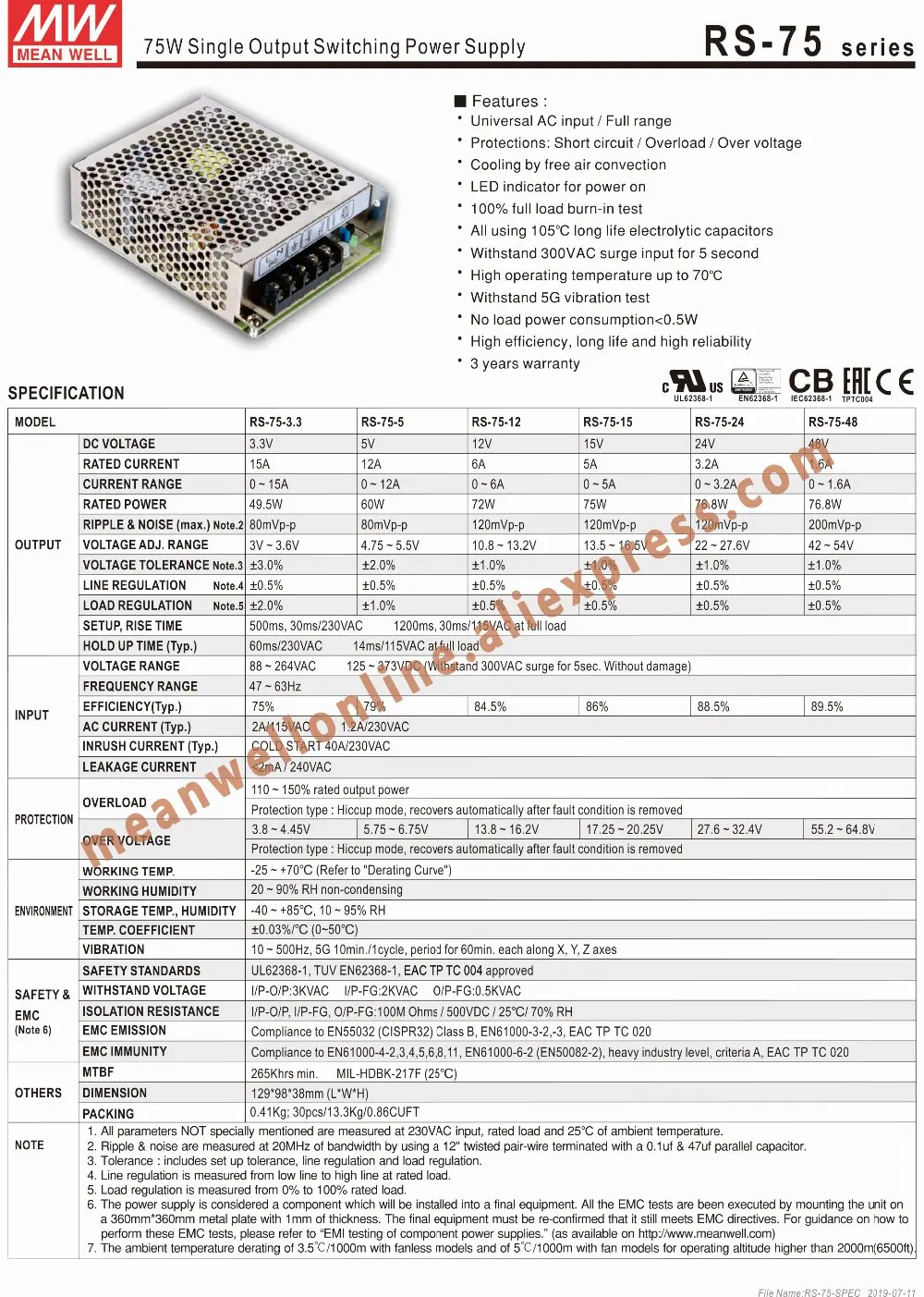 RS-75-24 Mean Well 76,8 W/3.2A/24 V DC одиночный выход импульсный источник питания meanwell Интернет-магазин