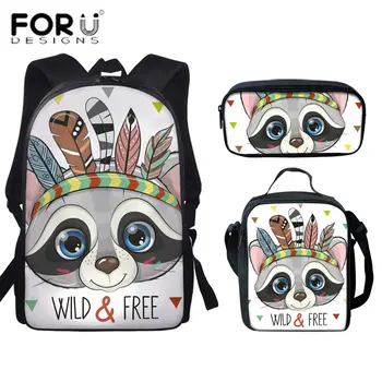 

3pcs/set Women Backpack Tribal Raccoon Printing Canvas School Bags For Teenager Girls Preppy Style Mochilas Cute Book Bag 2020