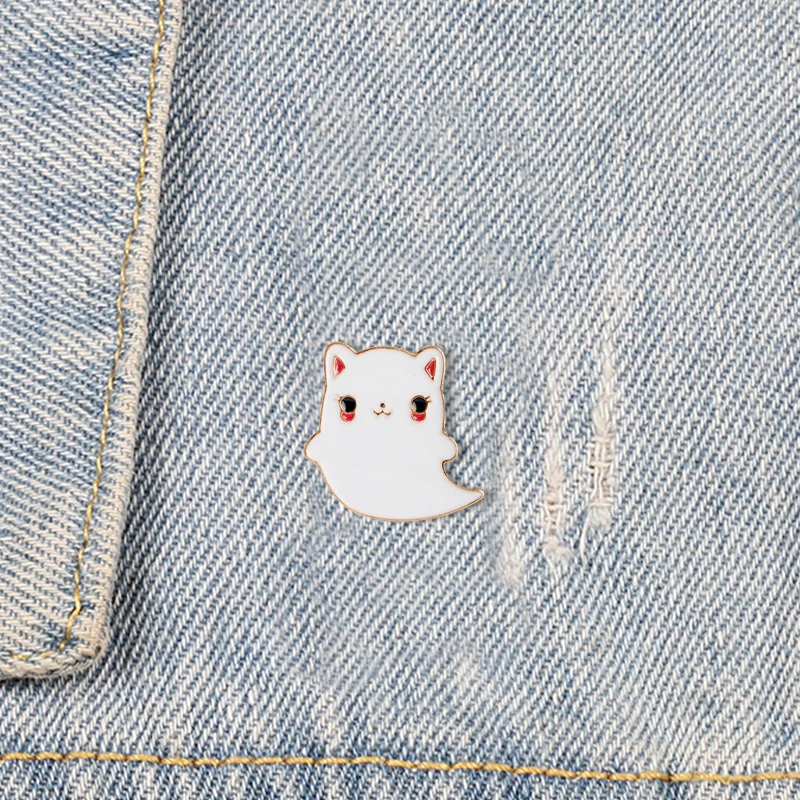 Мода мультфильм белый котенок эмалированная брошь Милые Женские нагрудные воротник булавки ПЭТ кошка белый спектр привидения Броши лучший друг подарок