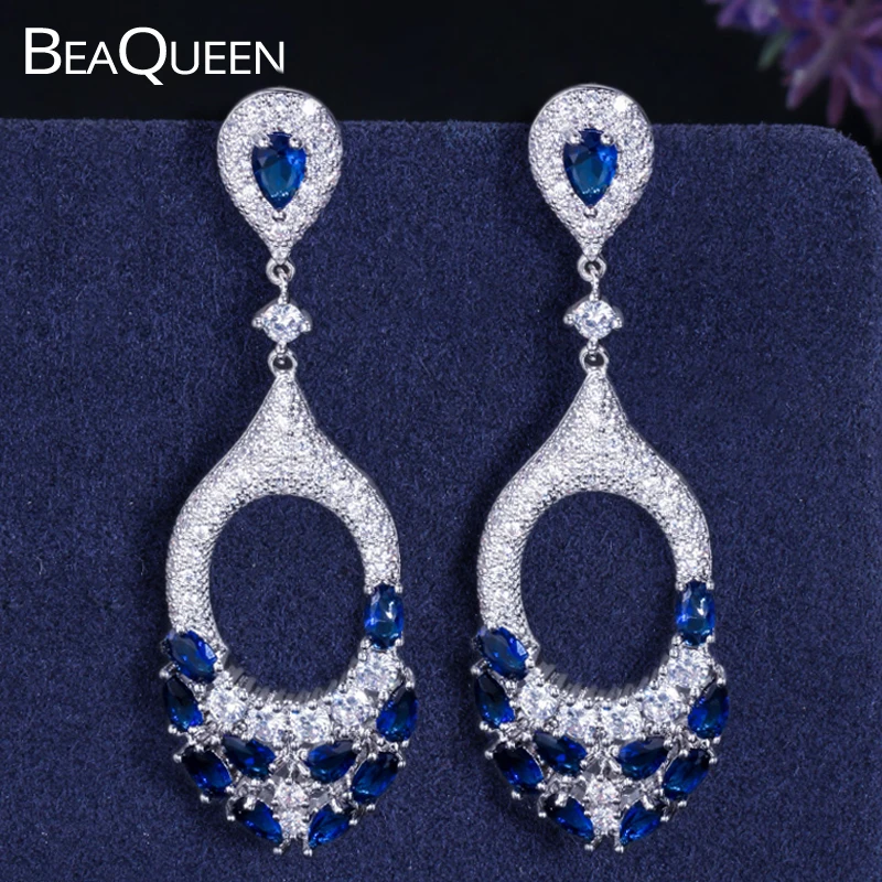 BeaQueen Роскошные кубический цирконий камень микро проложить большие длинные круглые Висячие темно-синие свадебные серьги выпускного вечера вечерние ювелирные изделия для женщин E321