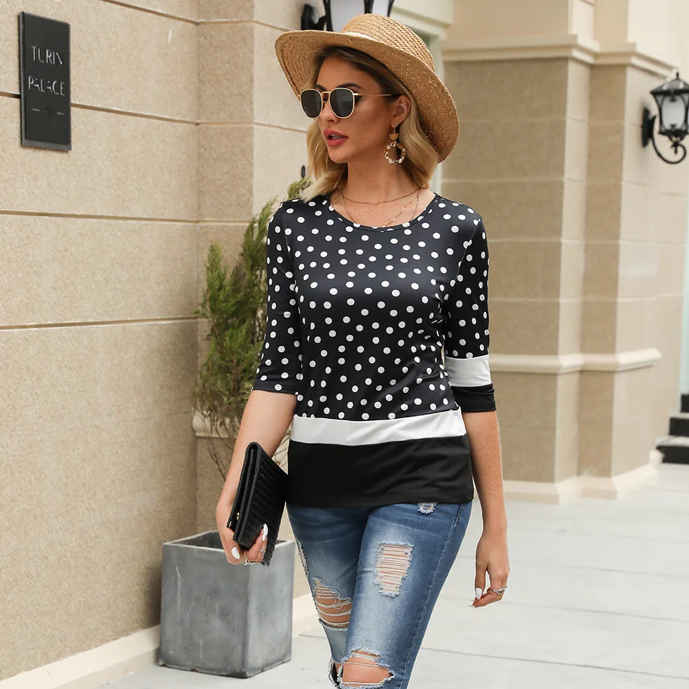 

Sexy Black Polka Dot Blouse Women O-Neck Half Sleeve Stretchy Shirt Ladies Short Casual Summer Tops Clothes Blusa Feminina 2020