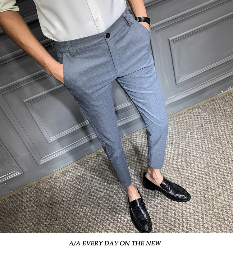 Весенние новые модные клетчатые брюки мужские деловые повседневные Прямые брюки от костюма мужские хлопковые брюки Slim Fit повседневные брюки 28-34