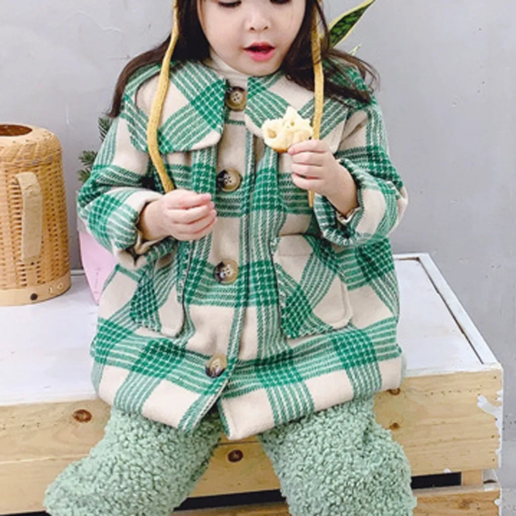 SAGACE Winter Baby Girl Coat Plaid Wool Jackets For Kids For Christmas Cute Winter Button Jacket Outwear Toddler Girl Coats