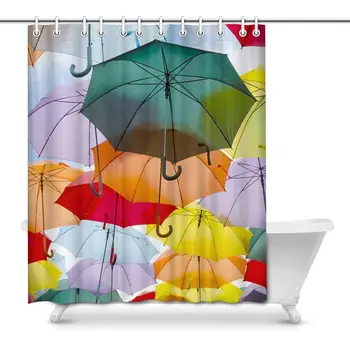 

Funny Multicolored Umbrellas Over The Sky Decor Waterproof Polyester Fabric Shower Curtain Bathroom Sets with Rings, 66(Wide) x