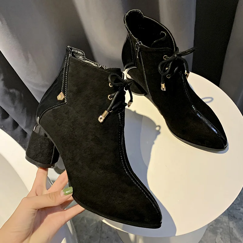 

Women's Short Boot Rubber Boots Round Toe Shoes Luxury Designer Booties Ladies Bootee Woman 2019 Lace Up Low Heels booties