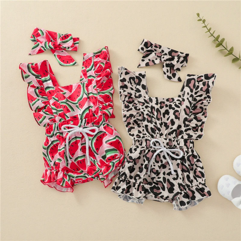 2Pcs Baby Girls Summer Outfit Watermelon/Leopard Print Square Neck Romper + Hairband for Toddlers 0-24 Months | Детская одежда и