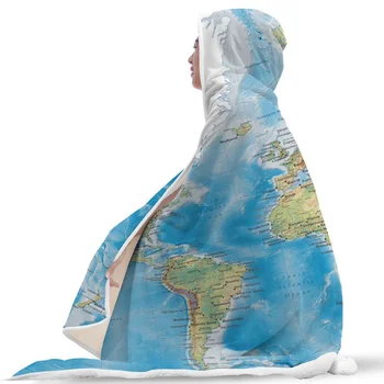 

3d Printed Hooded Blanket Sherpa Winter Warm Throw Blanket With Hat Hoodie Travel Mantle Soft Blanket For Adults World Map