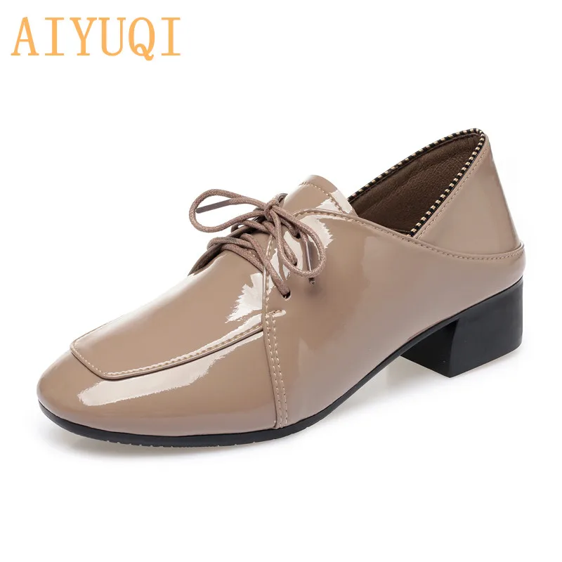 

AIYUQI Brand Women's Shoes 2019 New Autumn Women's Shoes With Thick Heels Lace-up Brogues Women's Patent Leather Shoes