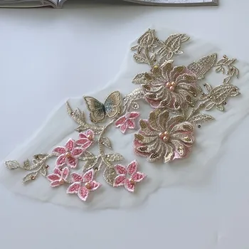 

SASKIA 2Pcs Gold Ribbon Embroidery 3d Flower Patch Mesh Fabrics Butterfly Beaded Applique African Lace Sewing Dress Clothing Diy