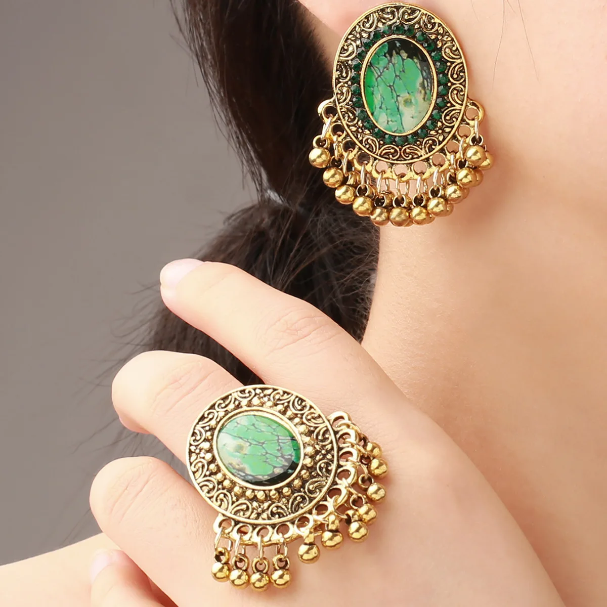 Women Bohemia Chunky Crystal Earrings Bracelet Ring Necklace Set Wedding Jewelry