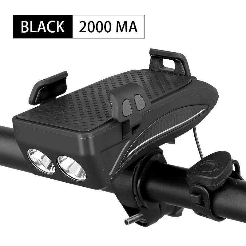 4 в 1 велосипедный фонарь, передний велосипедный светильник, держатель для телефона, подставка на руль с функцией велосипедного звонка, внешний аккумулятор, велосипедный светильник для MTB - Цвет: Black