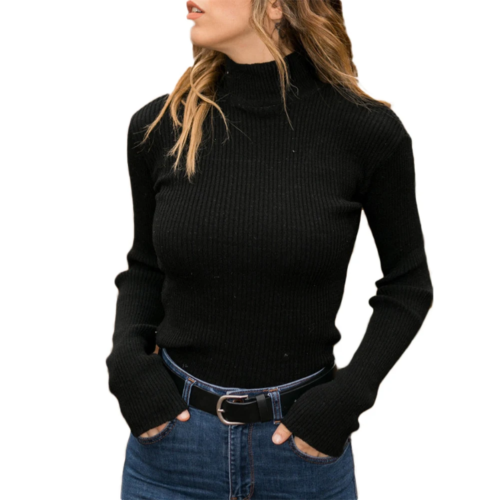 Модный зимний женский свитер, топ с высоким воротником, Одноцветный Женский вязаный свитер с высоким воротником и длинным рукавом, топ для женской одежды