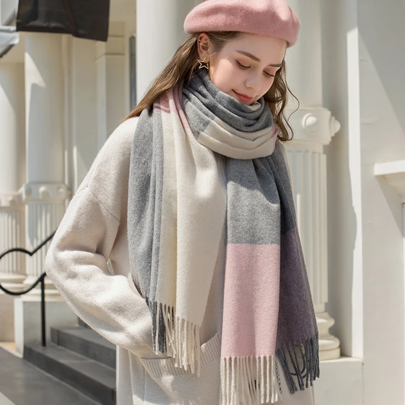 New Fine Plaid Wool Scarf Neck Warmer Women Thicken Cashmere Shawls Wraps Tassel Echarpe for Ladies Winter Scarves Foulard Femme