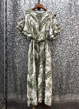 

2020 Spring and Summer New Women's V-neck Port Tie Knot Decorative Printing Pattern Waist Long Dress 513