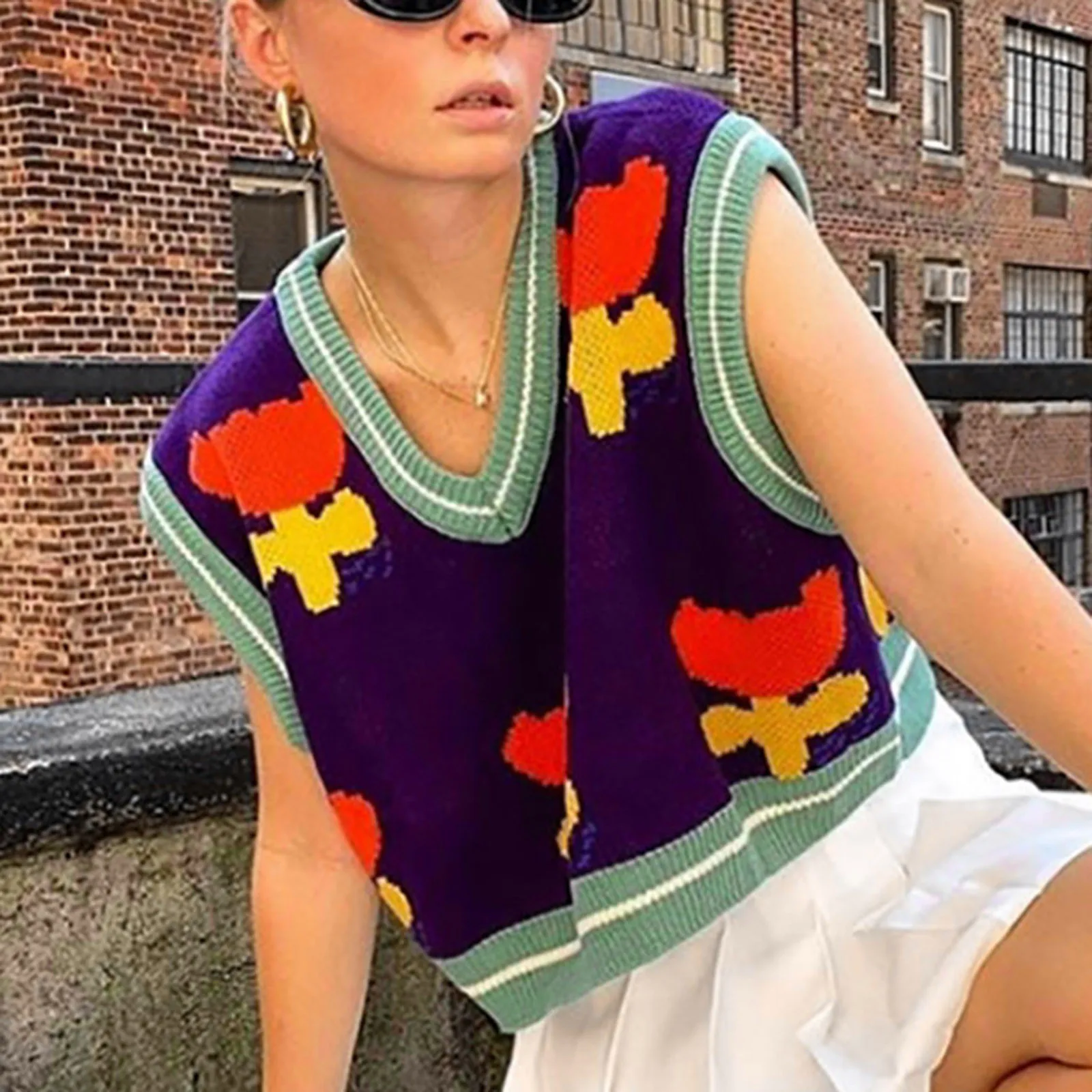 Женская уличная одежда трикотажный топ в стиле преппи свитер с V-образным вырезом