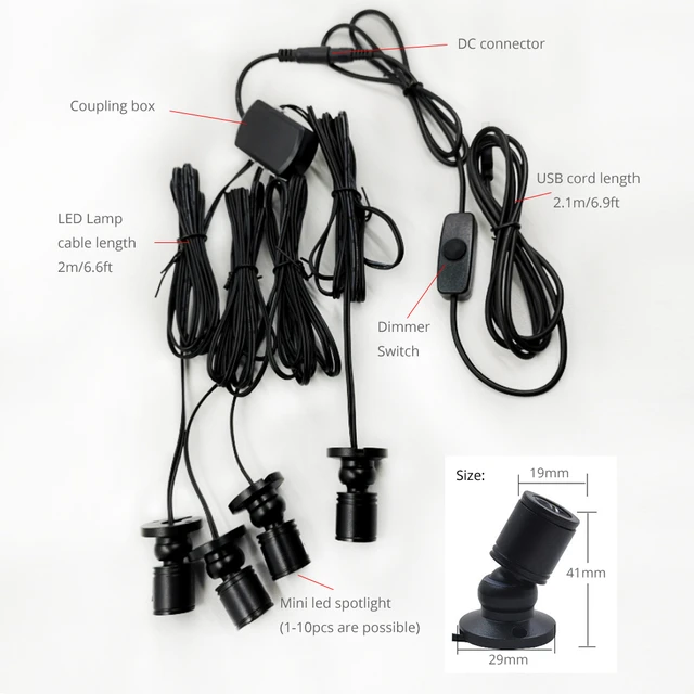 Mini foco LED regulable de 1.5 W 12 V CC para joyería, vitrina, montaje en  superficie de carcasa negra con atenuador PWM en línea (paquete de 6