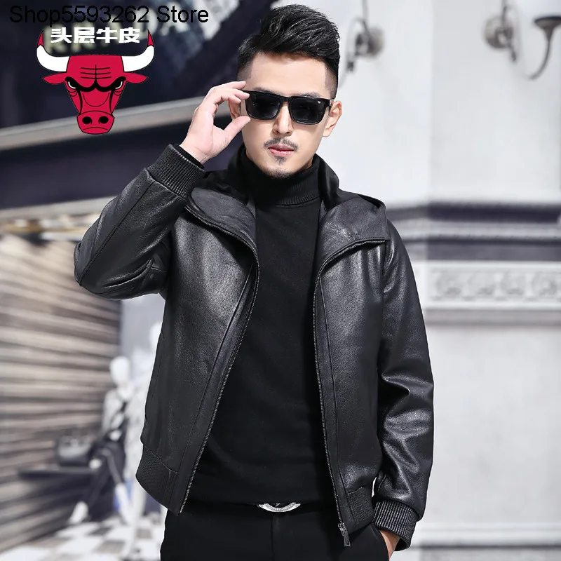 

Genuine Leather Leather Coat Male Head Layer Cowhide Leather Coat Lian Cap Short Money Spirit Handsome Slim Fit Youth Leather