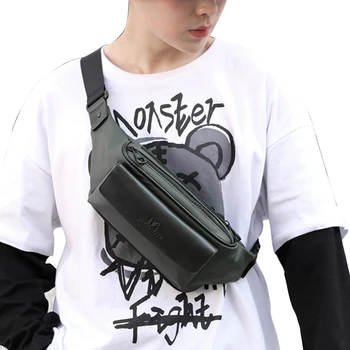 

AA Men PU Leather Waist Bag Solid Color Sports Pack Zipper Multi-Functional Outdoor Shoulder Slant Male Wear-resistant Chest Bag