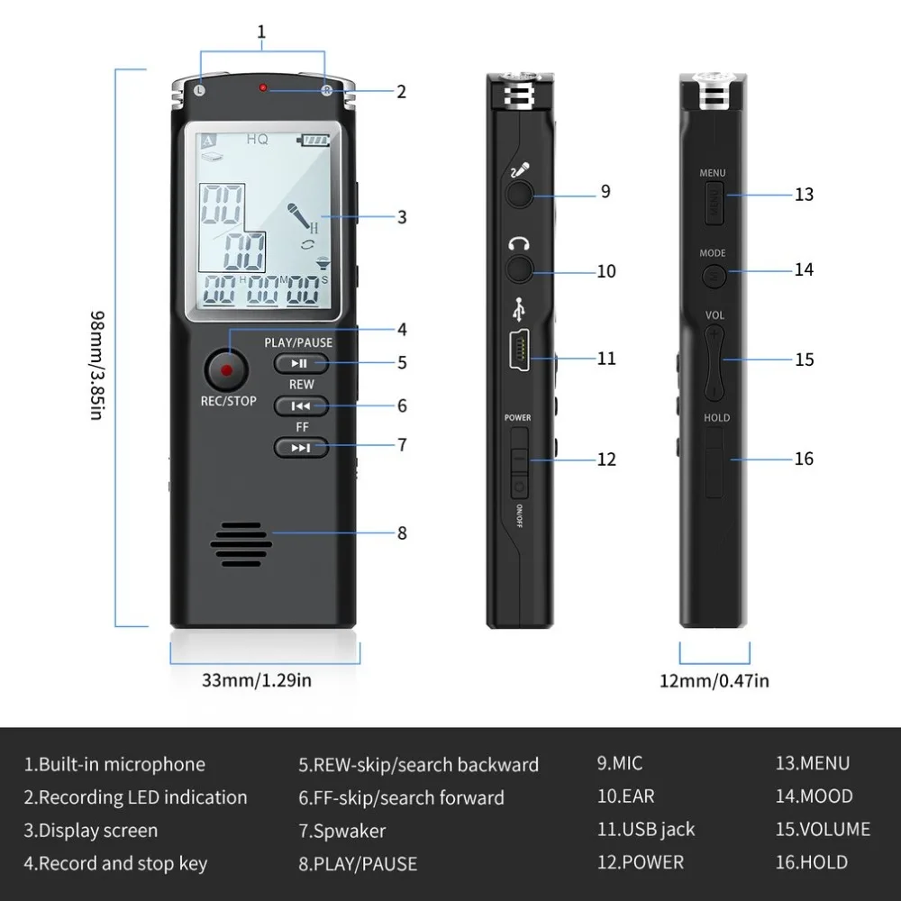 Dictaphone 8GB Digital Voice Sound Recorder Hidden Sound Recorder USB Dual Microphone Sound Recording Noise Reduction