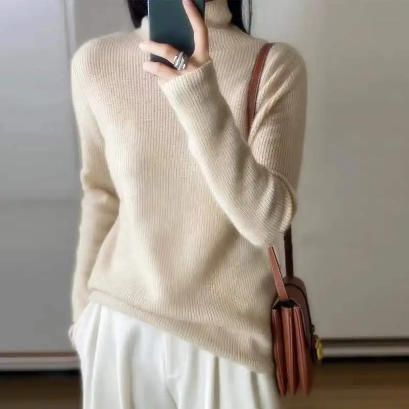 High-neck Cashmere Sweater Women  Lazy Autumn Winter New Wool Knitted Sweater Turtleneck Pullover Female
