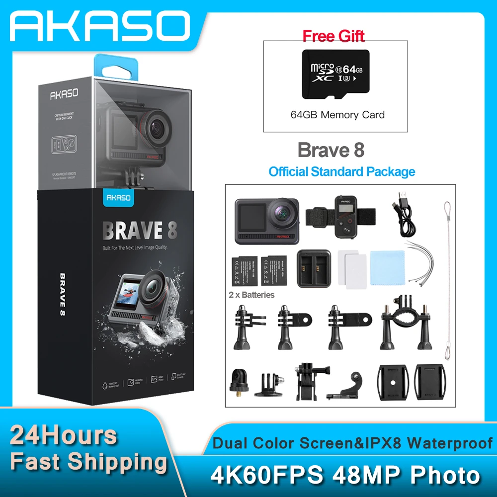 AKASO Brave 8 Waterproof Action Camera 4K60fps Dual Color Screen Sports Cam 20MP SuperSmooth Vlog Camera 10m Body Waterproof DV