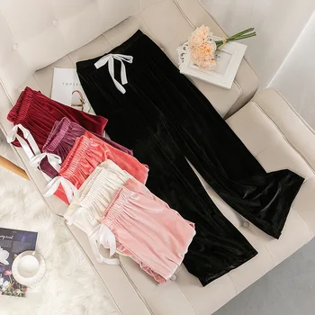 

FZSLCYIYI Women Velour Wide Leg Pants Pajamas Sleepwear Nightwear Loungewear Homewear Gold Velvet Long Pants Trousers