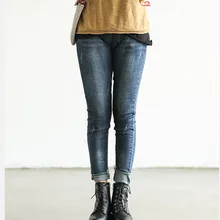 Осенние джинсы Для женщин большой размер зауженный крой-Тип ретро джинсовые штаны Новинка, эластичная резинка на талии; шнурок женский Повседневное брюки, подходящие для любого размера