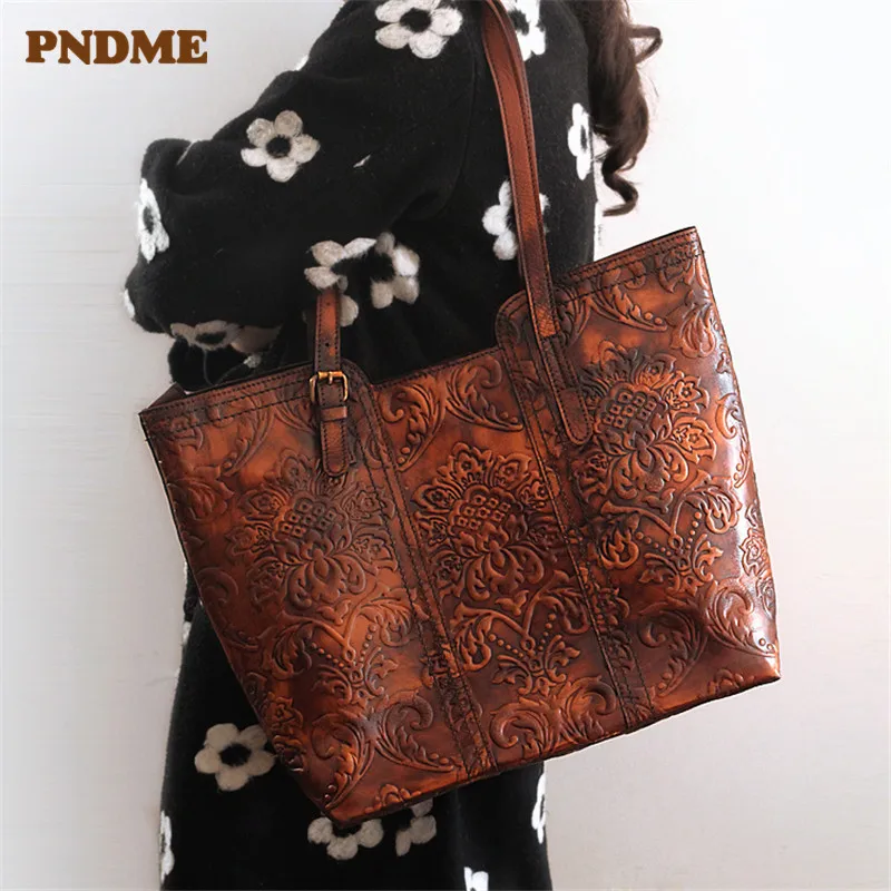PNDME vintage handgemaakte reliëf lederen vrouwen tote bag designer luxe handtassen grote capaciteit dames boodschappentas PNDME vintage handgemaakte reliëf lederen vrouwen tote bag designer luxe handtassen grote capaciteit dames boodschappentas