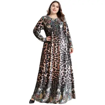 

Winter Women Muslim Fashion Rose Leopard Print Maxi Dress Long Sleeve Maghreb Velvet Loose A Line Big Swing Dresses Vestidos 4XL